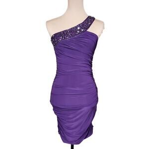 Belle D Royal Purple Bodycon Ruched Medium Rhinestone Dress